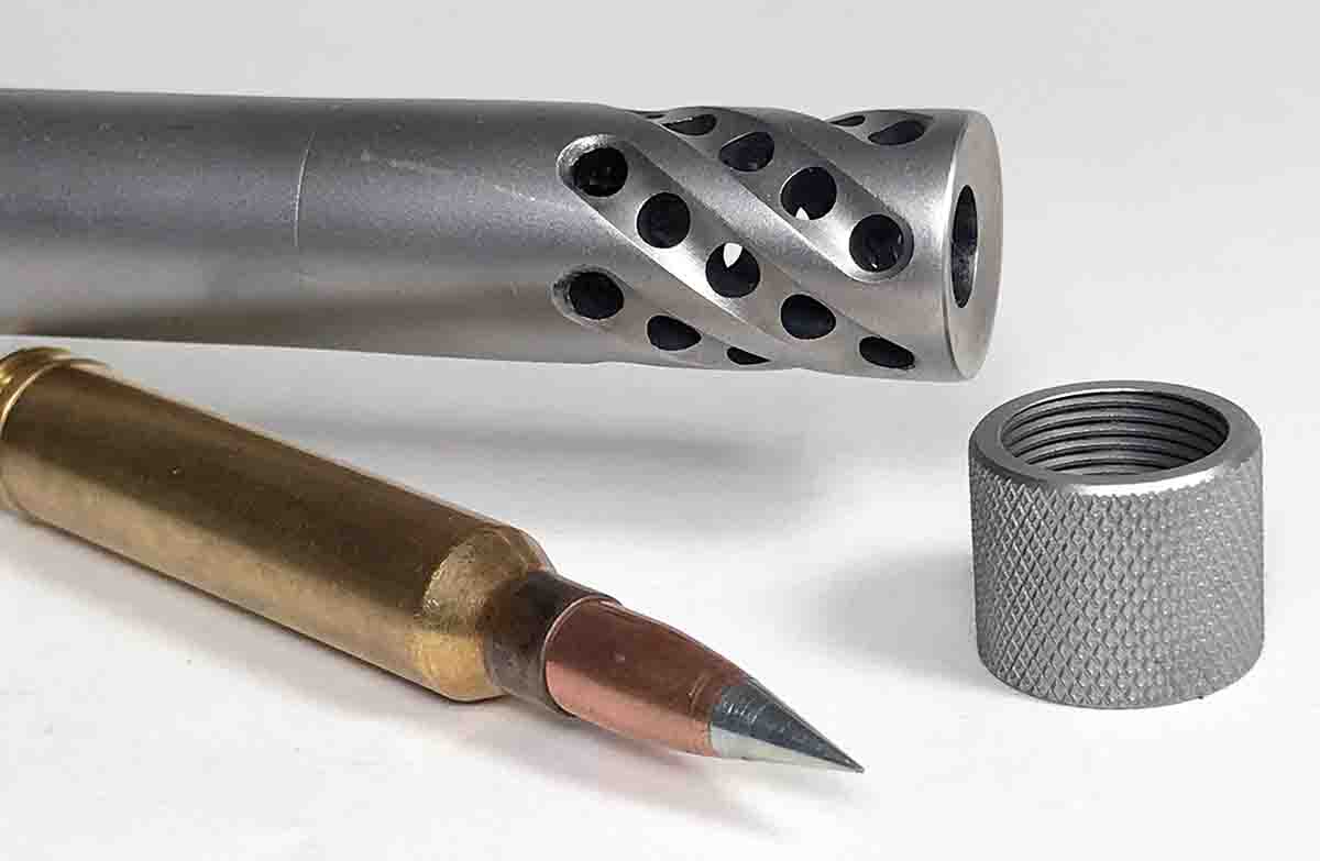 A muzzle brake removed a lot of the recoil generated by firing .300 Magnum cartridges containing 80-some grains of powder and heavy bullets.